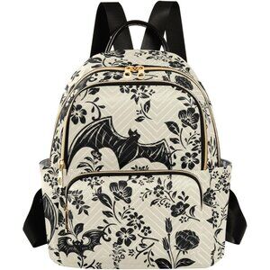 Goth Bat Flowers Quilted Small Backpack Water Resistant Casual Daypack